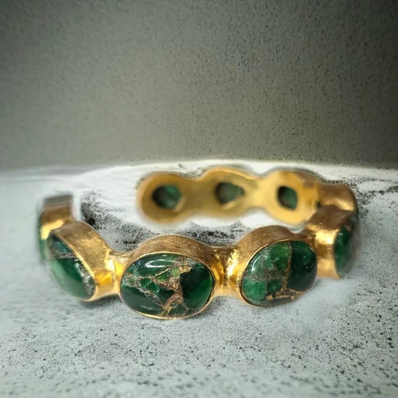 24k Gold Plated Chunky Natural Green Mohave Turquoise Artisan Cuff Bracelet - Picture 2 of 6